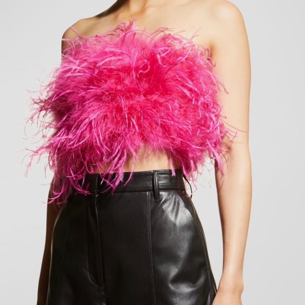 NWT La Marque Zaina Ostrich Feather Bustier Top - Hot Pink